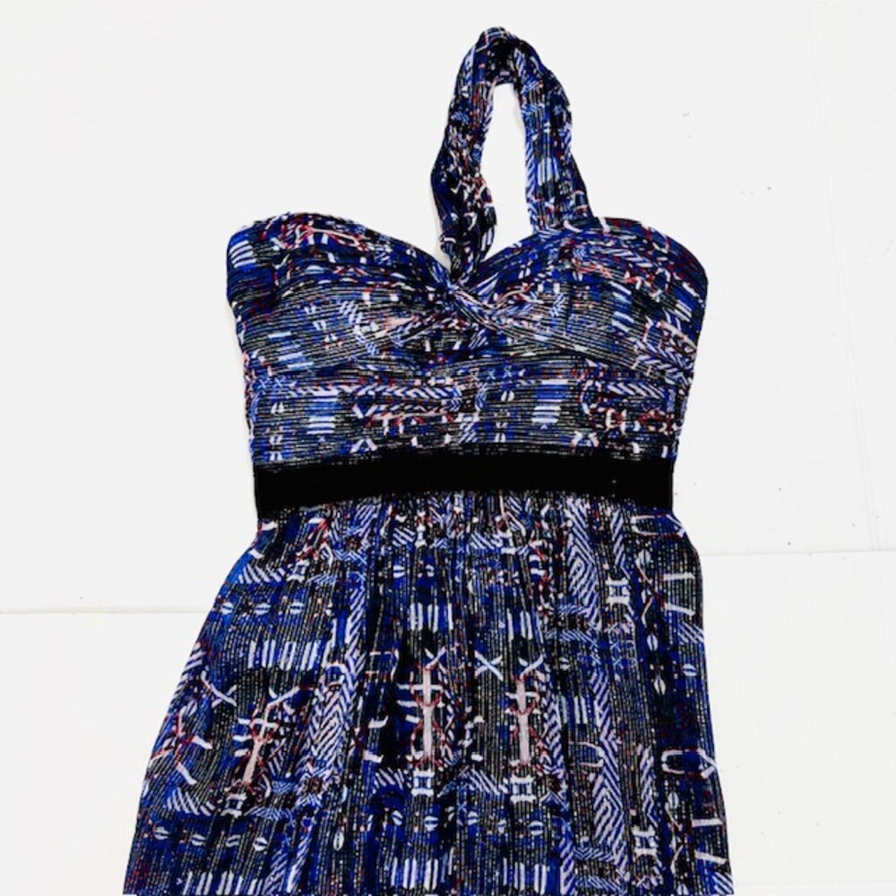 BCBGMAXAZRIA Women Long Cocktail Party Evening Dress Blue Silver Floral( #1 - Picture 5 of 13